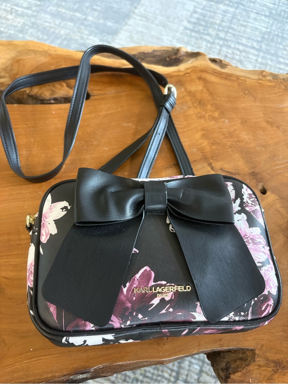 Karl Lagerfeld Black Floral Crossbody with Bow Accent